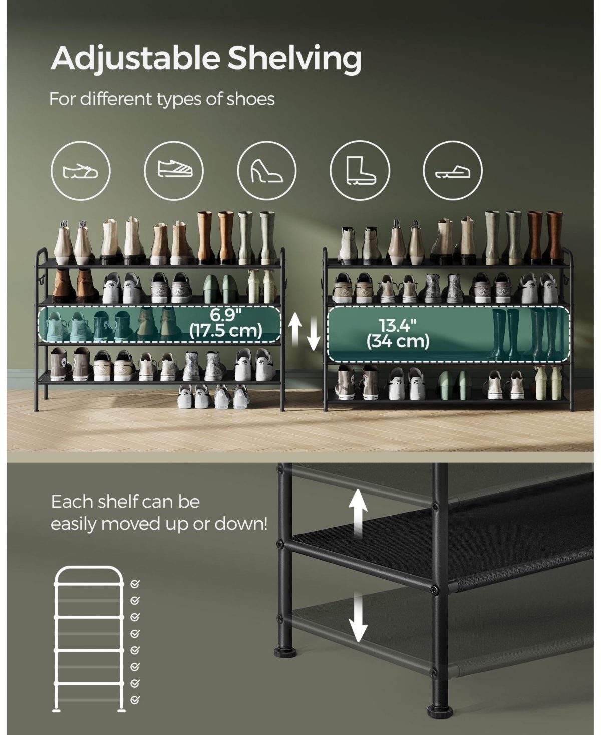 Slickblue Multi Tier Shoe Rack, Shoe Organizer, Fabric Shoe Shelf Storage, Height-Adjustable Shoe Rack