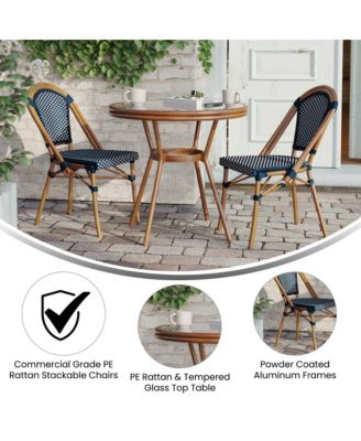 Sacha Bistro Style Table With Glass Top, Pe Rattan, 2 Stack Chairs, And Bamboo Finished Metal Frame For Indoor/Outdoor Use