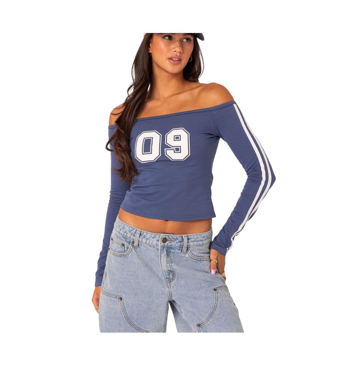Women's 90'S Off Shoulder Long Sleeve T Shirt - Blue