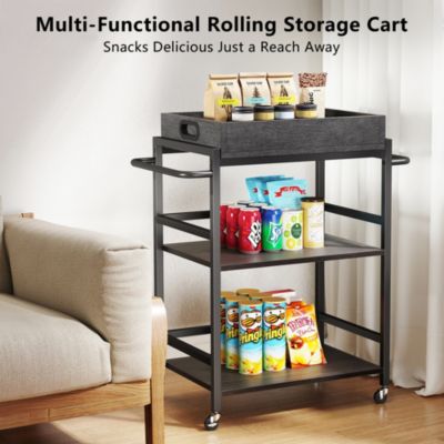 3-Tier Rolling Bar Cart with Removable Serving Tray, Metal Frame, and Lockable Wheels for Kitchen, Dining, or Living Room