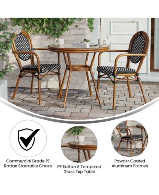 Celia Bistro Style Table With Glass Top, Pe Rattan, 2 Stack Chairs, And Bamboo Finished Metal Frame For Indoor/Outdoor Use