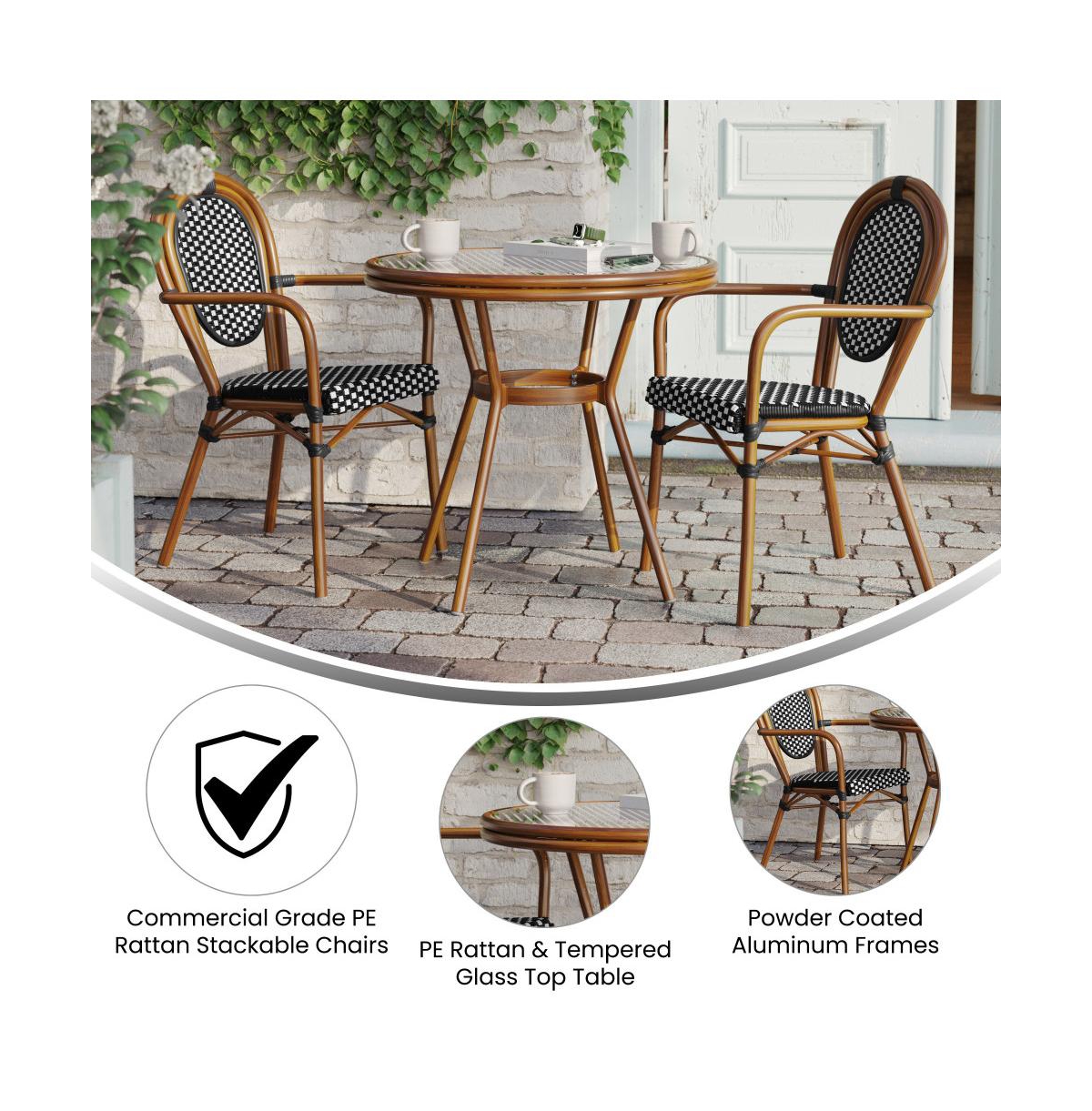 Merrick Lane Celia Bistro Style Table With Glass Top, Pe Rattan, Stack Chairs