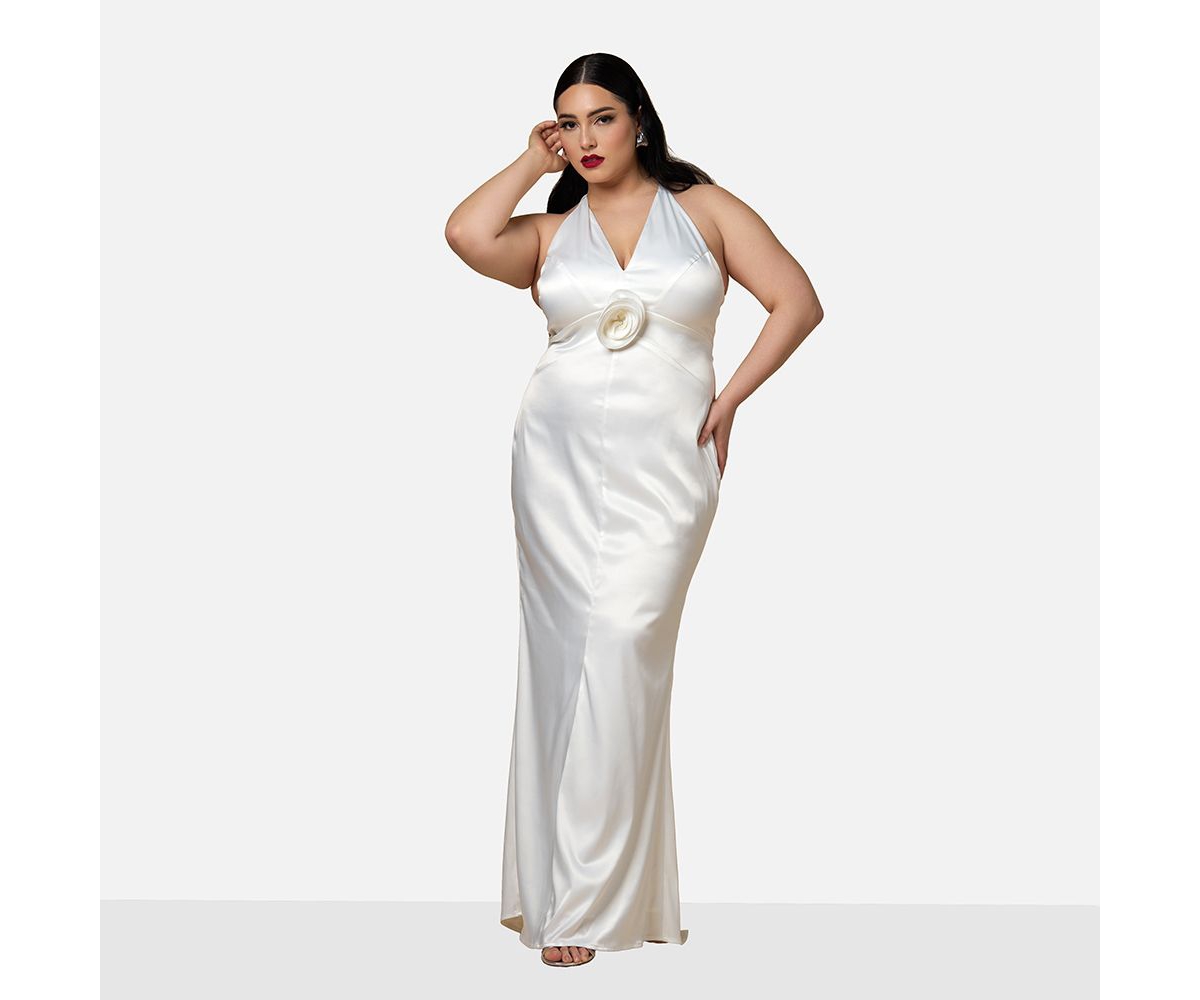 Rebdolls Plus Size Gardenia Satin Halter Maxi Bodycon Dress