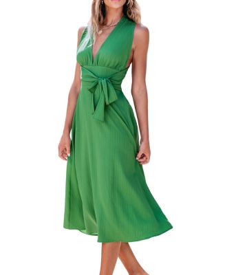 Wenrine Women's Green Cap Sleeve Floral Midi Beach Dress
