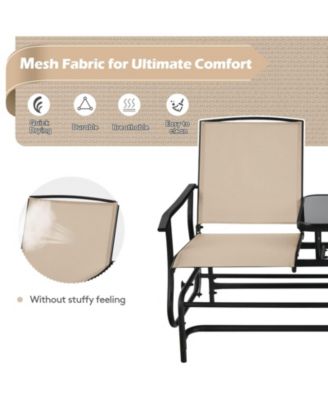 2-Person Double Rocking Loveseat with Mesh Fabric and Center Tempered Glass Table