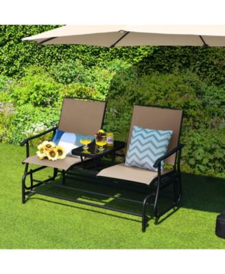 2-Person Double Rocking Loveseat with Mesh Fabric and Center Tempered Glass Table