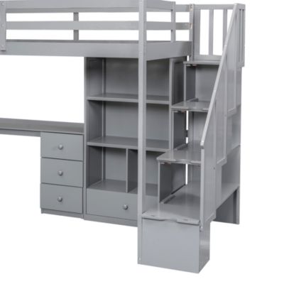 Streamdale Twin Loft Bed with Desk, Storage, and Staircase in White