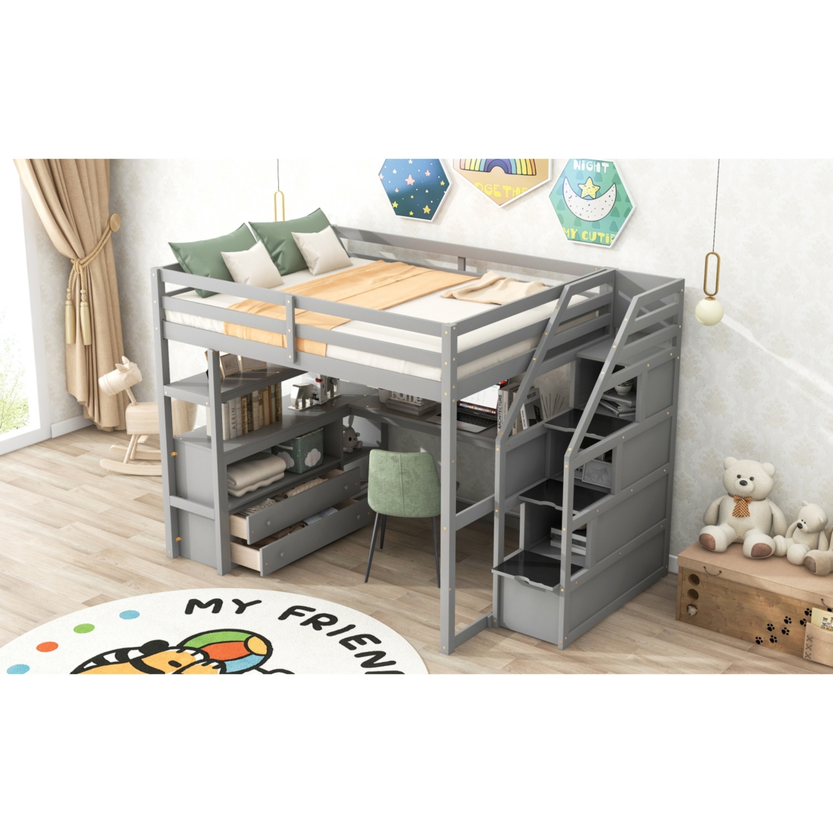 Simplie Fun Full Loft Bed With Desk And Shelves, Two Built-In Drawers, Storage Staircase, Gray