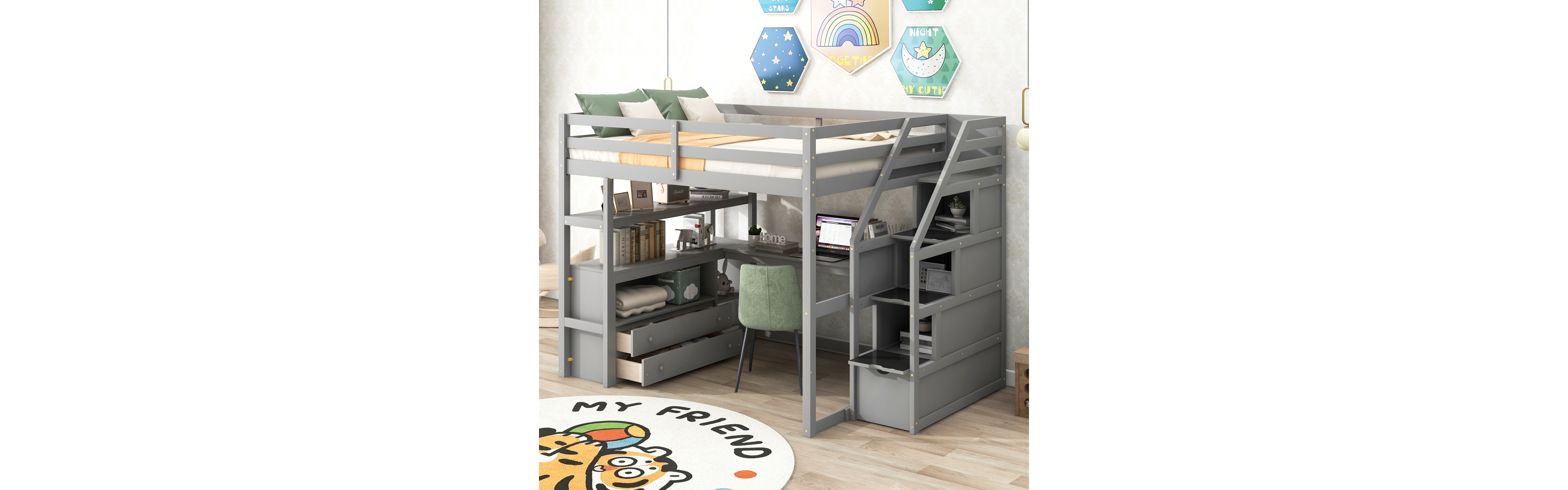 Simplie Fun Full Loft Bed With Desk And Shelves, Two Built-In Drawers, Storage Staircase, Gray