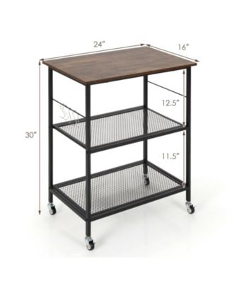 3-Tier Kitchen Serving Cart Utility Standing Microwave Rack with Hooks