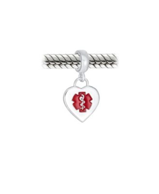 Heart Shape Medical ID Dangle Bead Charm Sterling Silver Fits European Bracelet