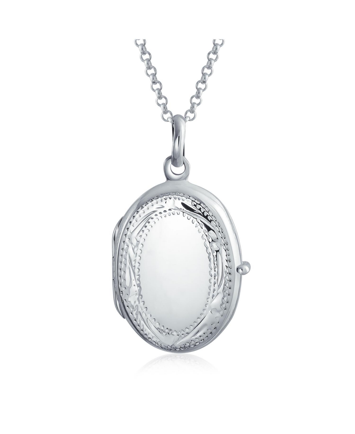 Etched Leaf Scroll Holds Two Memory Photo Picture Oval Locket For Women .925 Sterling Silver Pendant Necklace - Silver
