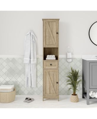 1Pc Slim Linen Tower with Drawer, Magnetic Doors & Open Shelf Organizer