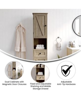 1Pc Slim Linen Tower with Drawer, Magnetic Doors & Open Shelf Organizer