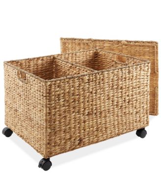 Rolling Storage Basket Cart with Lid and Wheels, Natural - Woven Water Hyacinth Divided Sorting Bin for Kitchen, Pantry, Laundry, Garage