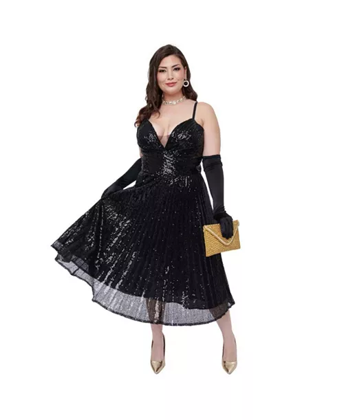 plus size spaghetti strap pleated sequin swing dress