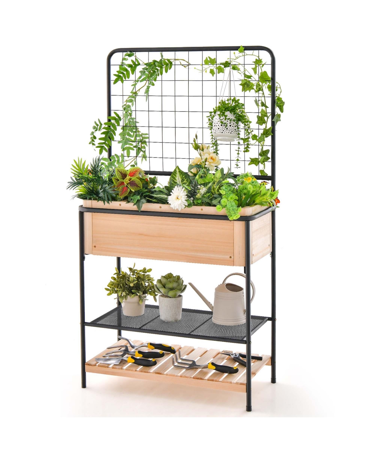 59" Raised Wooden Garden Bed with Metal Trellis Open Storage Shelves Drain Holes - Natural