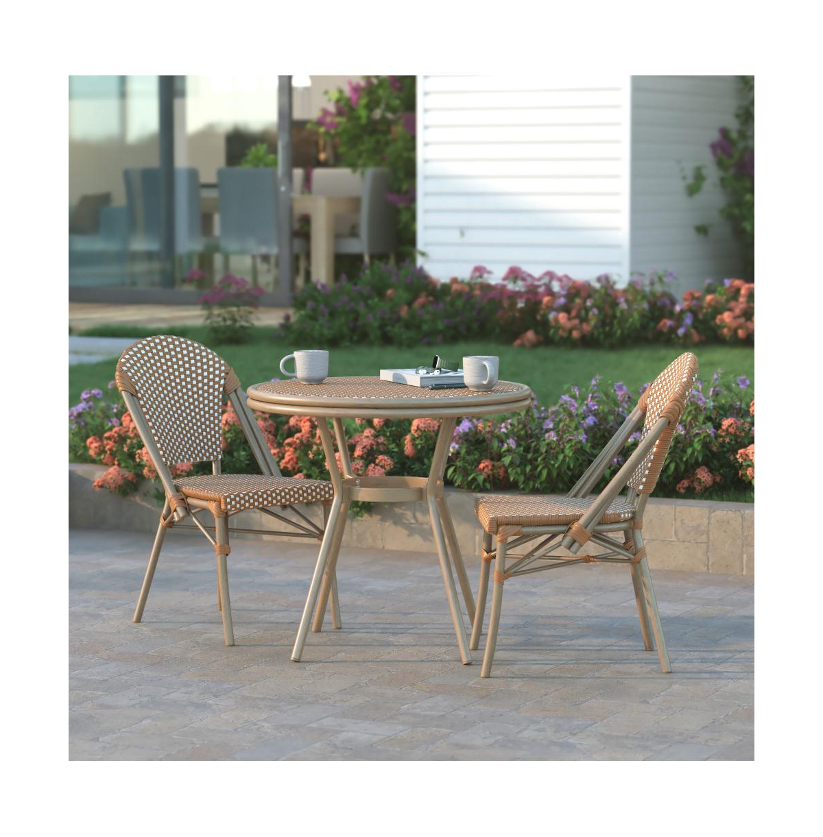 Emma+Oliver Colmar Indoor/Outdoor Bistro Style 31.5 In. Table With Pe Rattan, Glass Top, And Bamboo Finished Metal Frame - Natural  white rattan