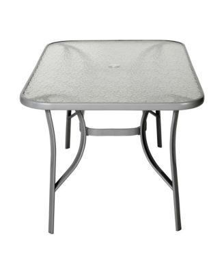 Tala Rectangular Tempered Glass Top Patio Table With Umbrella Hole And Black Steel Tube Frame