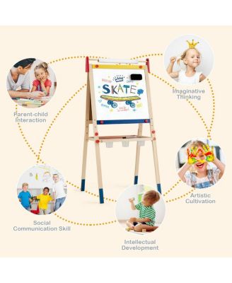 All-in-One Wooden Height Adjustable Kid's Art Easel with Magnetic Stickers and Paper