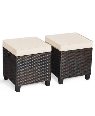 2 Pieces Patio Rattan Ottoman Seat with Removable Cushions