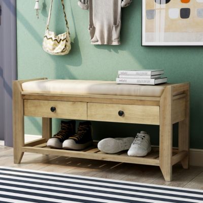 Multipurpose Entryway Bench with Cushioned Seat and Drawers