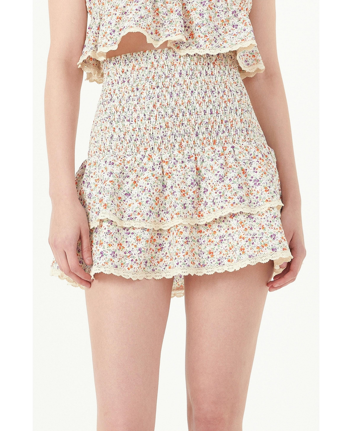 Women's Embroidered Floral Crossed Tiered Mini Skirt - Cream