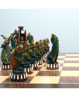 Handpainted Dragon Chess Set, Walnut Root Board 21 in, 4.5 in King