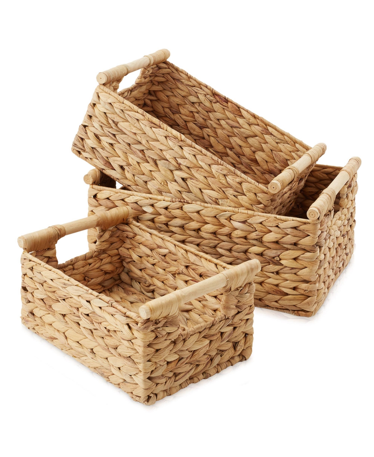 (Set of 3) Water Hyacinth Rectangular Storage Baskets with Wooden Handles - Small, Medium, Large Woven Nesting Baskets - Natural - hyacinth