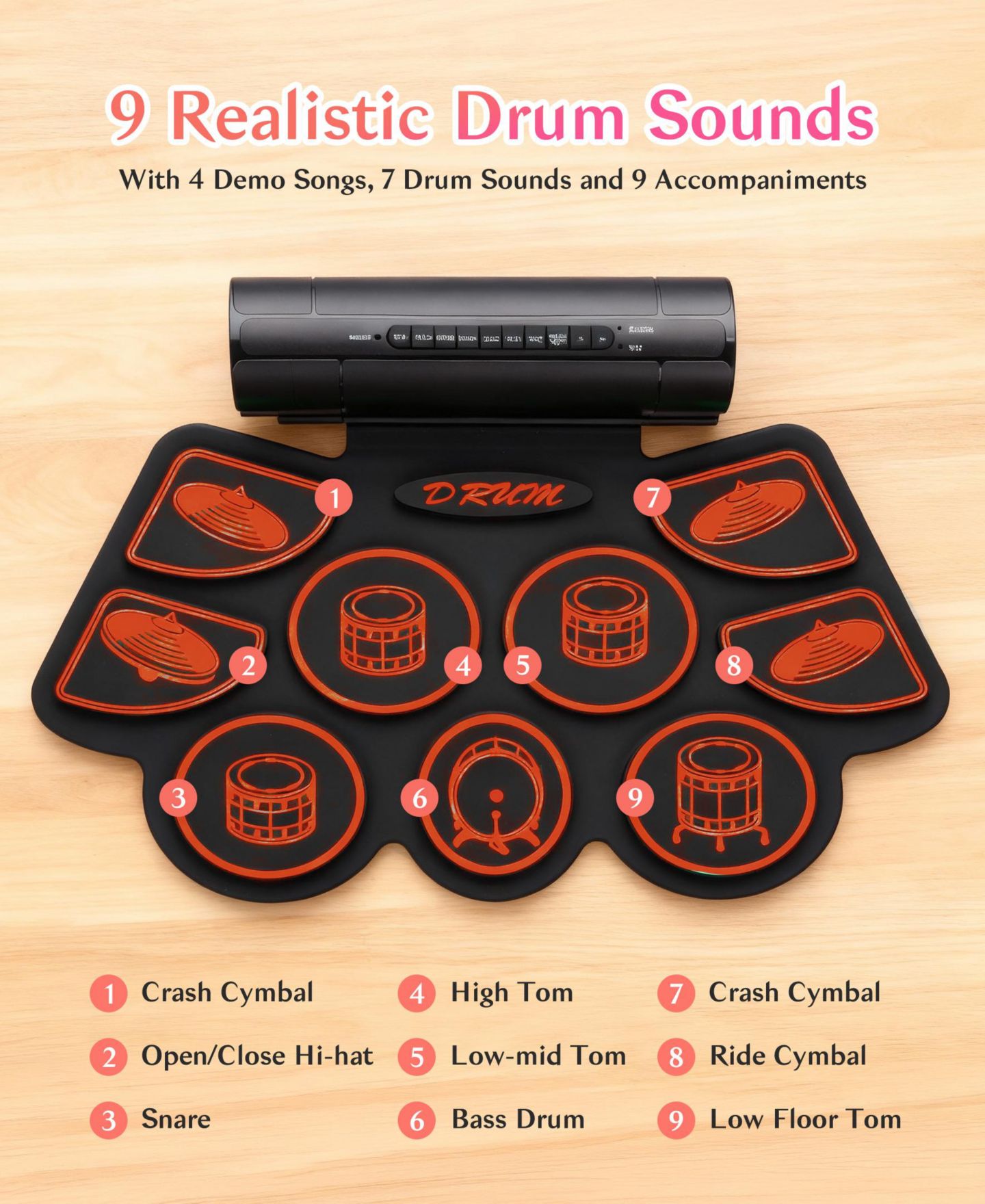Детские игрушки SUGIFT Kids Roll-Up Electronic Drum Set with Speakers, Headphone Jack & Foot Pedals, цвет: Красный — фото 4
