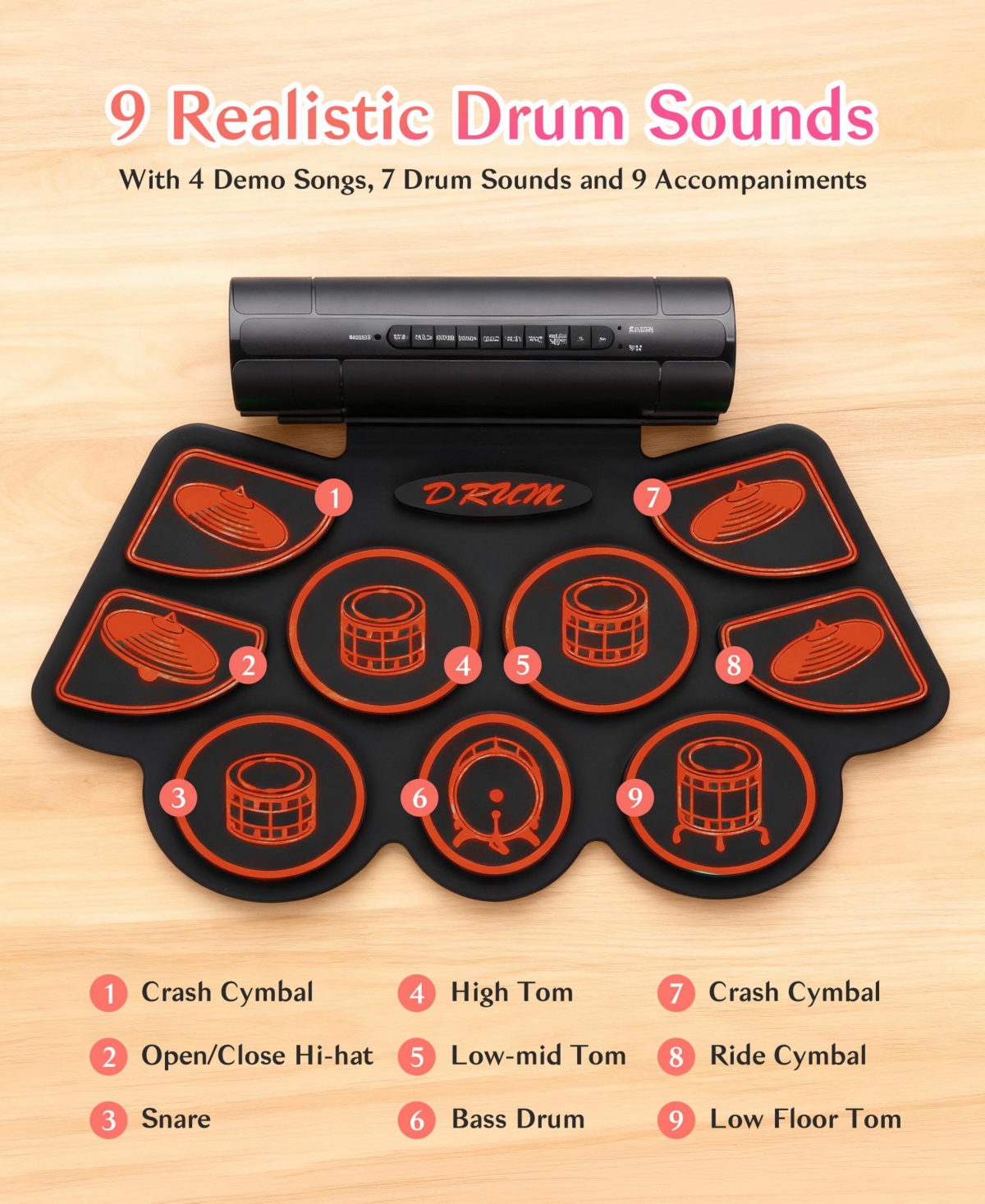 Sugift Red Electronic Drum Set with 2 Build-in Stereo Speakers for Kids