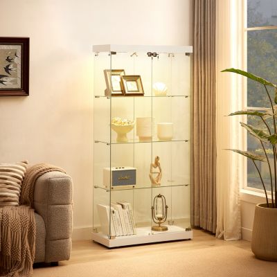 White 4-Tier Glass Display Cabinet with Two Locks
