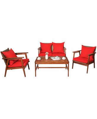 4 Pieces Acacia Wood Patio Rattan Furniture Set with Cushions