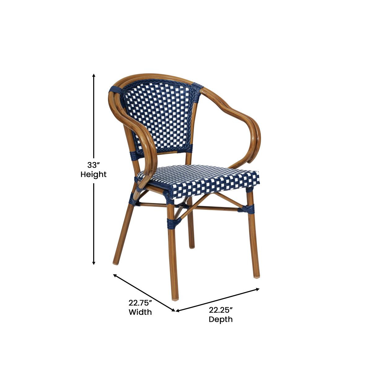Merrick Lane Sacha Set Of Four Stacking Thonet Bistro Style Chair With Arms, Pe Rattan Seat, And Bamboo Metal Frame For Indoor/Outdoor Use - Navy  whi