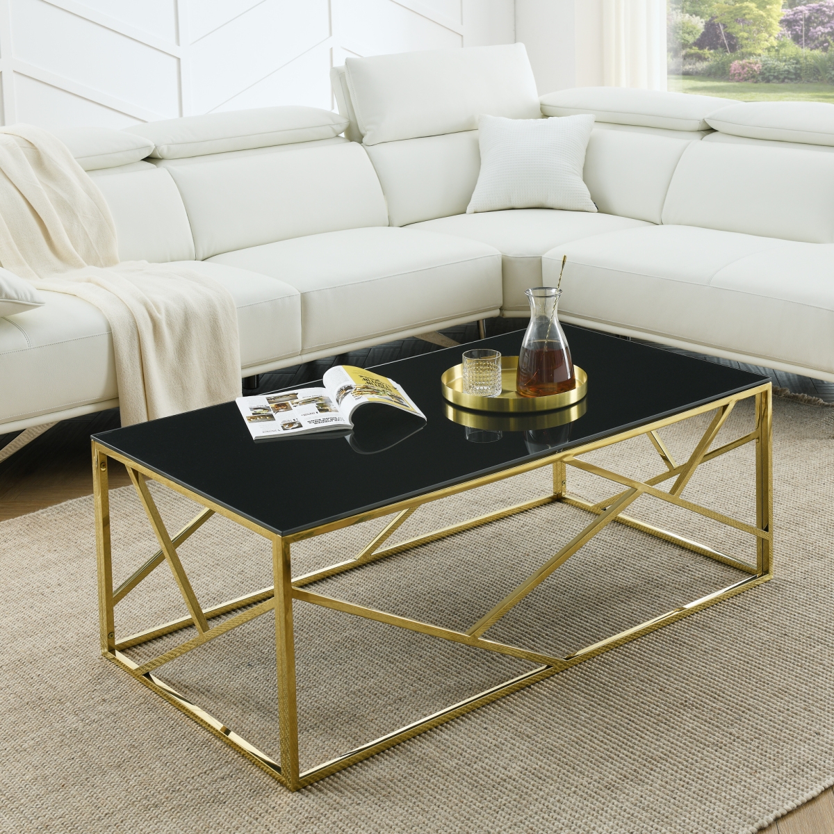 Streamdale Furniture Rectangular Glass Top Coffee Table with Stainless Steel Frame