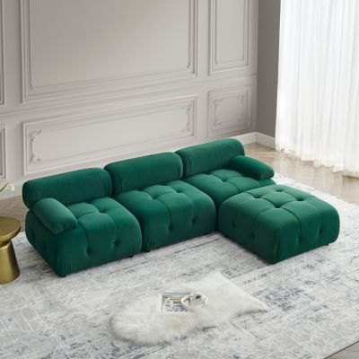 Streamdale DIY L-Shaped Green Velvet Sofa with Ottoman