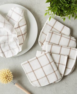 Scrubber Dishcloths Collection Windowpane Dishrag Set, 12x12", White/Stone Stripe, 6 Piece