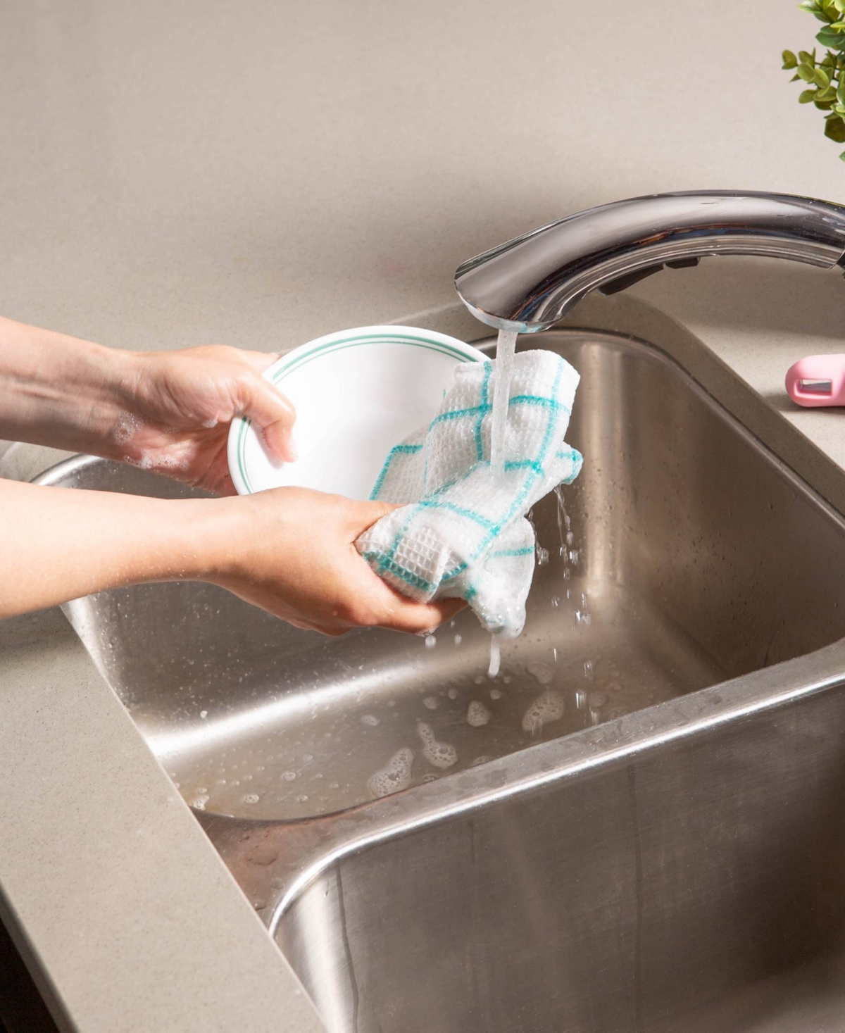 Design Imports Scrubber Dishcloths Collection Windowpane Dishrag Set, 12x12", White/aqua Stripe, 6 Piece In Aqua