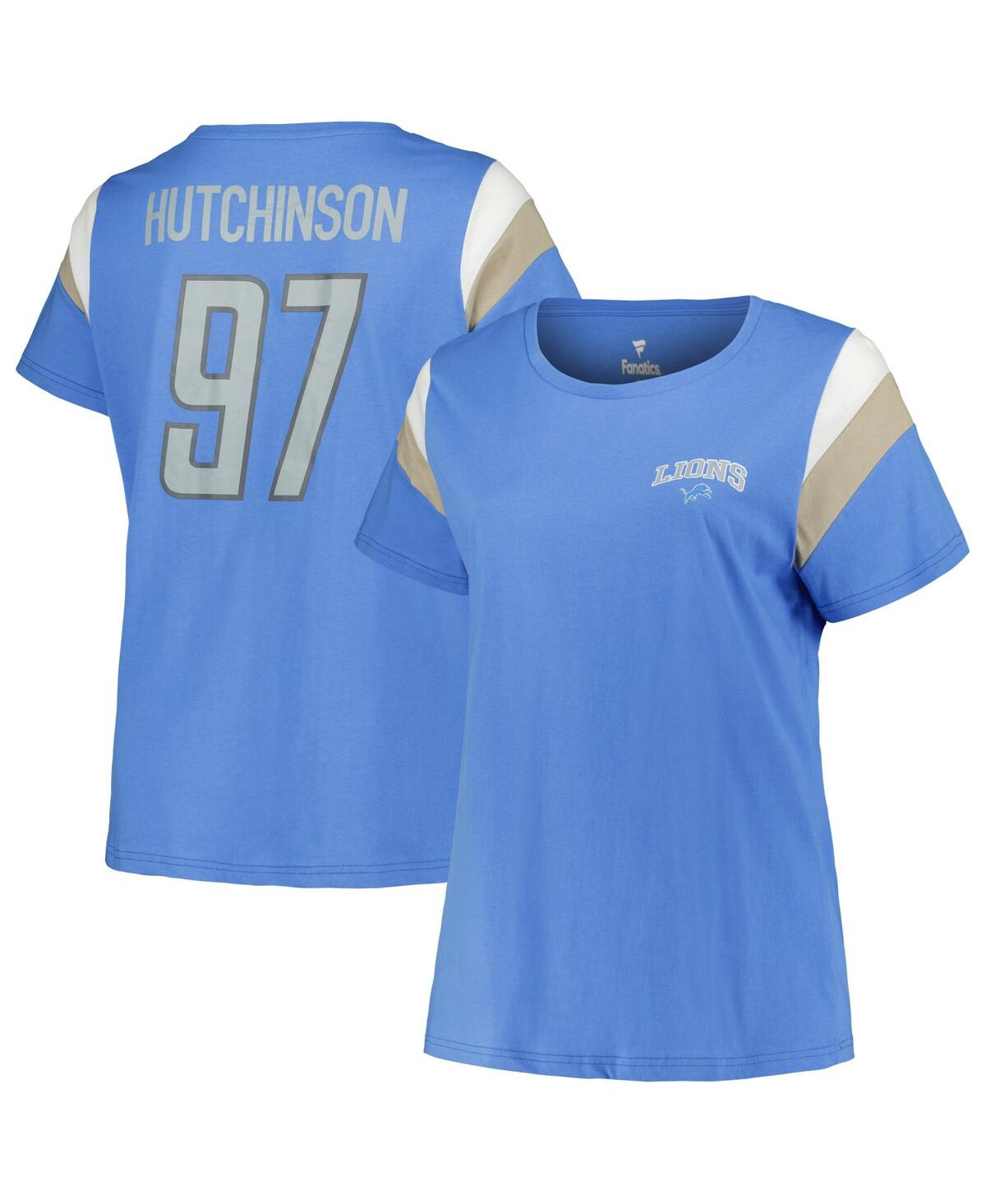 Women's Aidan Hutchinson Blue Detroit Lions Plus Size Sleeve Stripe Name Number T-Shirt - Blue
