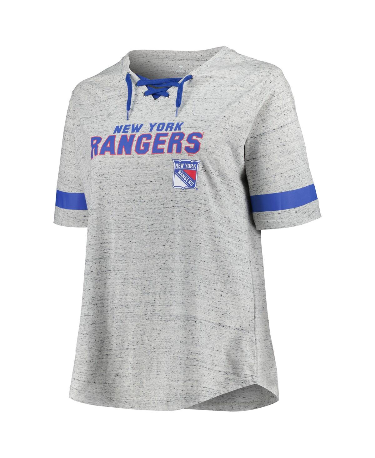Fanatics Women's Heather Gray New York Rangers Plus Size Lace-up T-shirt In Heather Gray,royal
