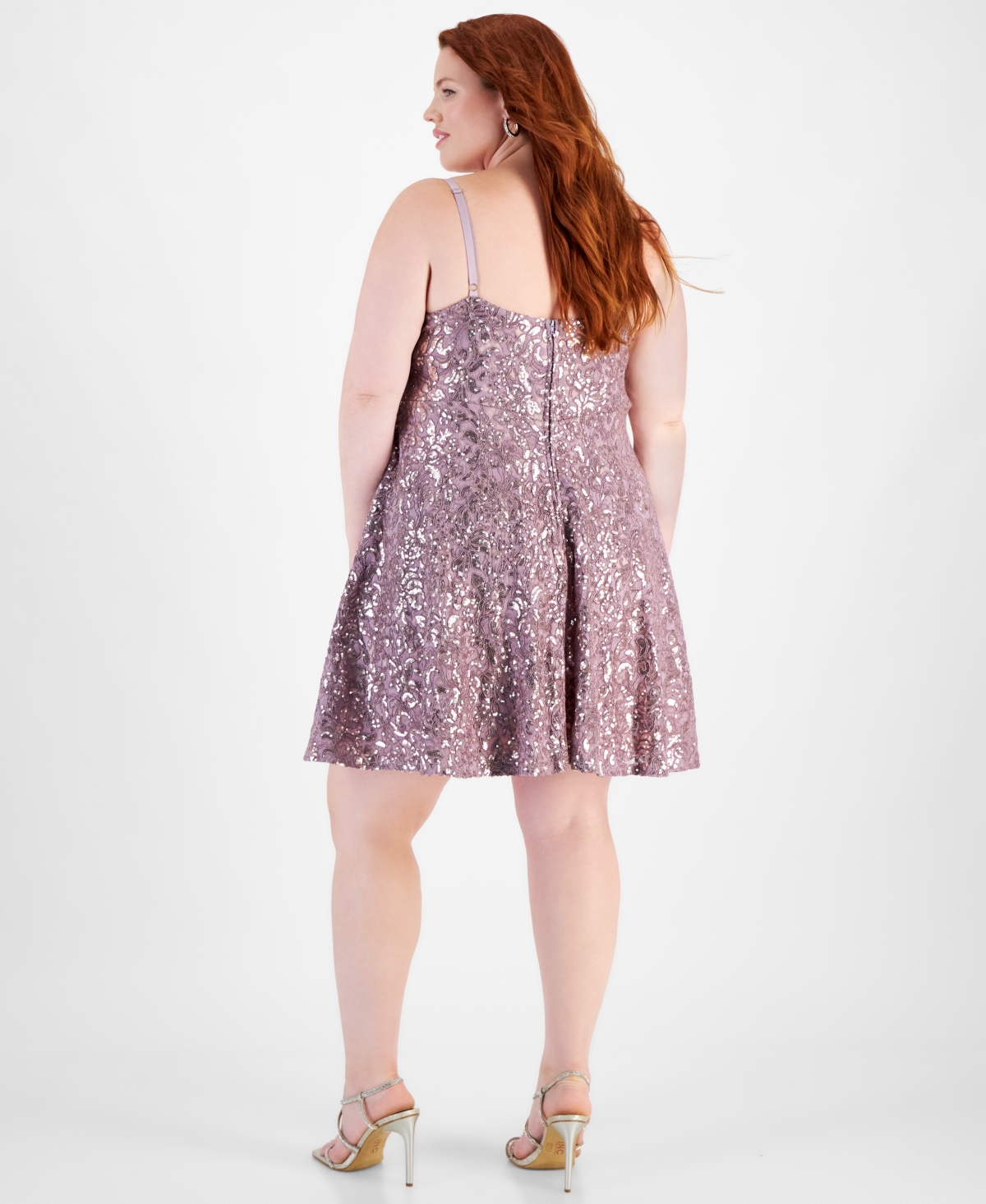 Emerald Sundae Trendy Plus Size Straight-Neck Sequin Lace Skater Dress