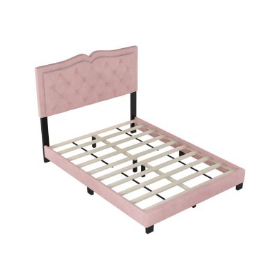 Full Size Upholstered Bed Frame With Rivet Design, Modern Velvet Platform Bed With Tufted Headboard