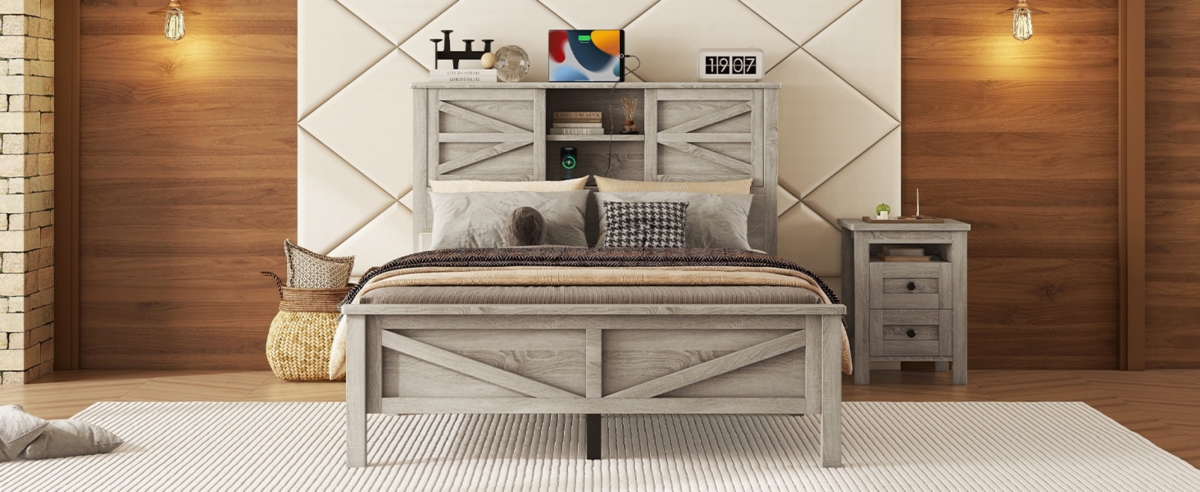Streamdale Furniture Rustic Size Farmhouse Bed with Charging Station