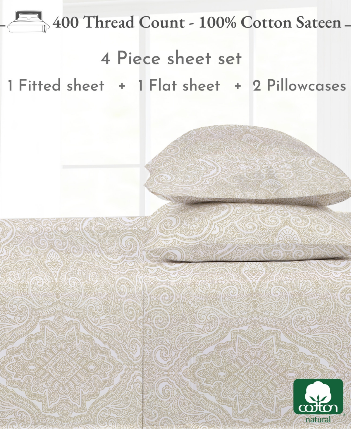 California Design Den 400 Thread Count 100% Cotton Printed Sheet Set