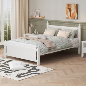 Queen Size Solid Wood Platform Bed Frame for Kids, Teens, Adults, No Need Box Spring, White
