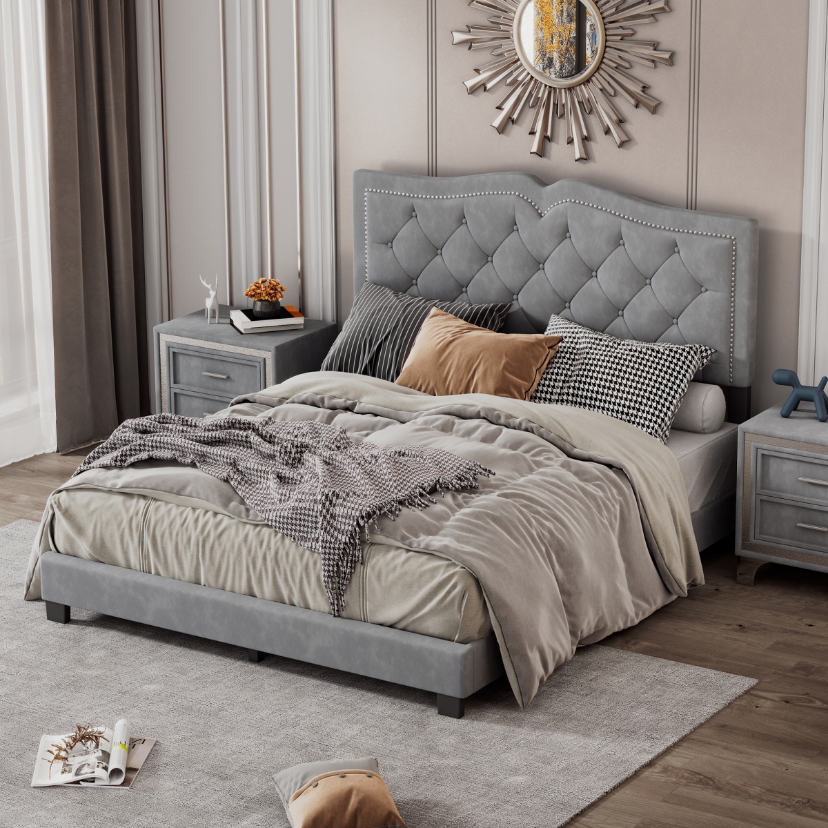 Streamdale Furniture Size Upholstered Bed Frame With Rivet Design, Modern Velvet Platform Bed With Tufted Headboard