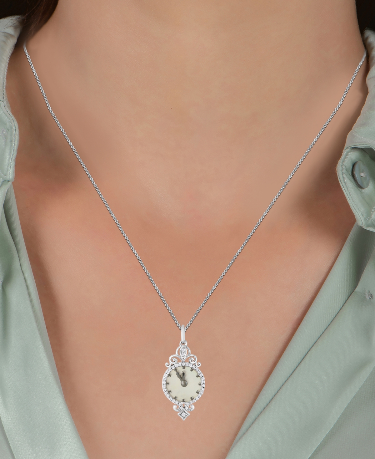 Mother of Pearl & Diamond (1/10 ct. t.w.) Almost Midnight Clock Charm Pendant Necklace  16