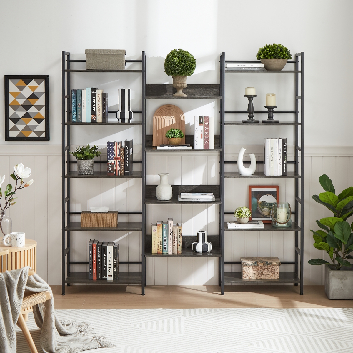 Streamdale Furniture Triple Wide 5-shelf Bookshelves Industrial Retro Wooden Style Home and Office Large Open Bookshelves, 69.3 Console Tab