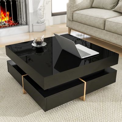 High Gloss Coffee Table with 4 Drawers, Multi Storage, Wood Grain Legs