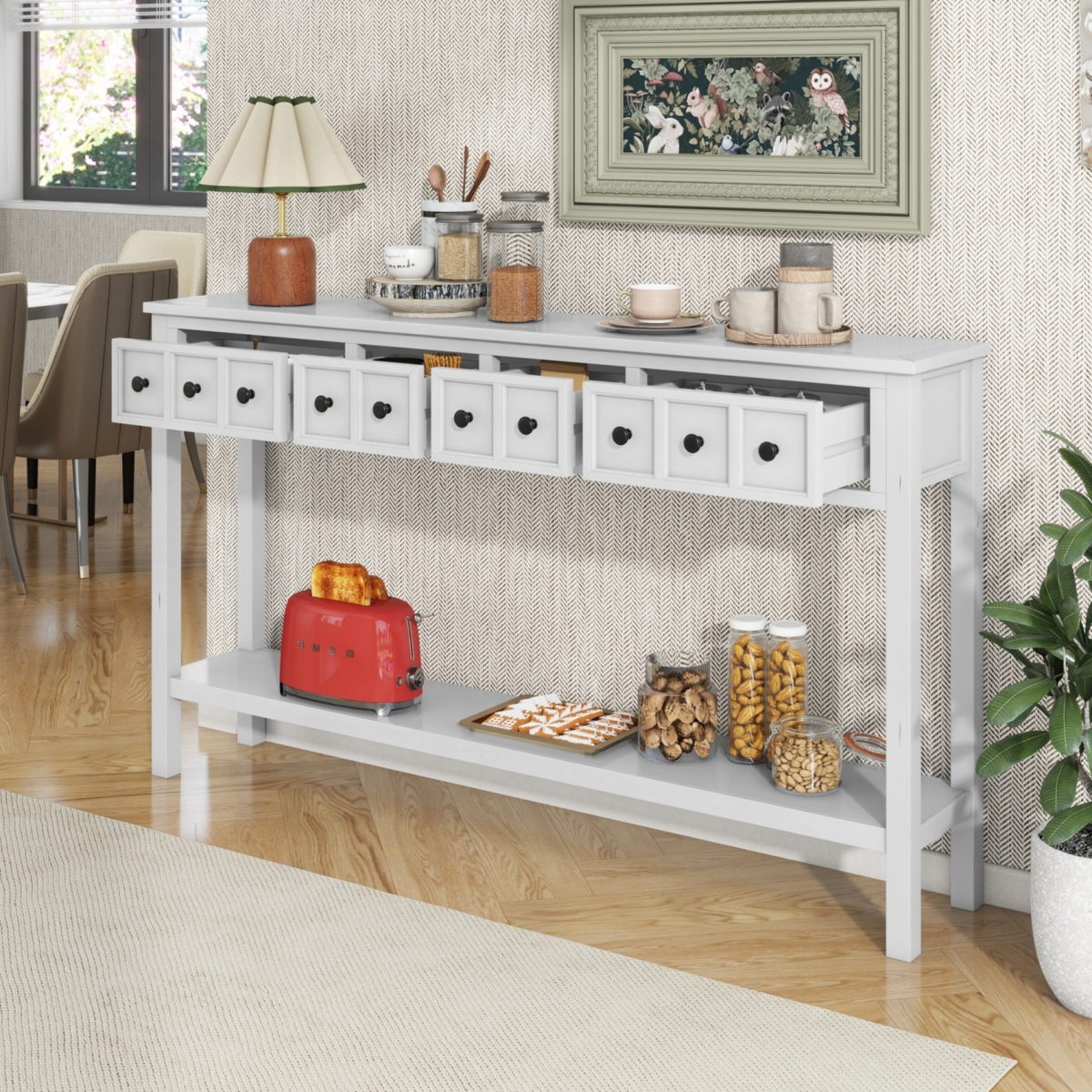 Simplie Fun Antique White Console Table with Drawers and Shelf, 60" Long